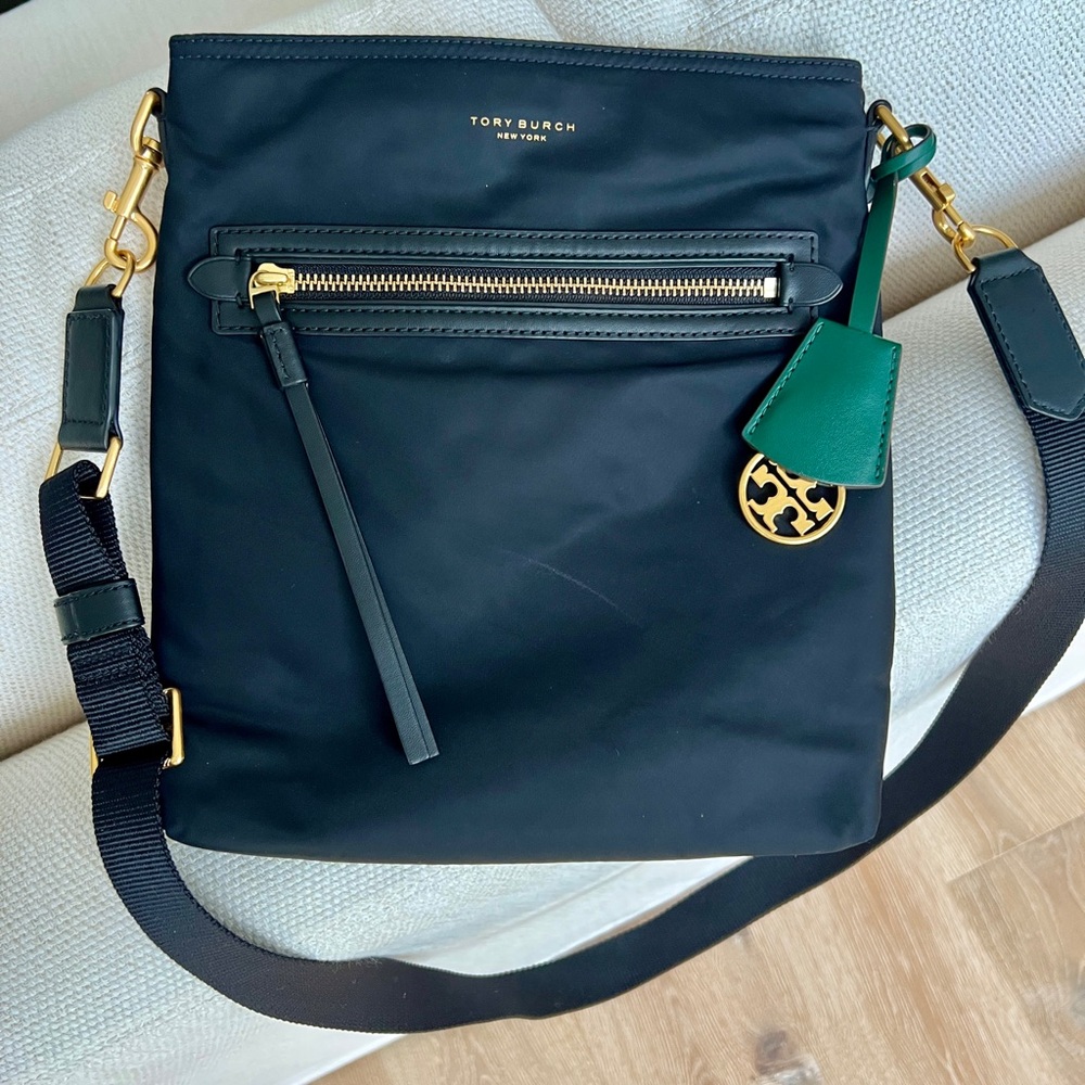Tory Burch Black and Green Nylon Crossbody Bag with Structured Design
